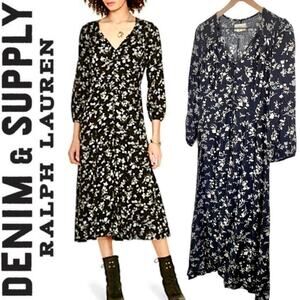 RALPH LAUREN DENIM & SUPPLY Tier Ruffled Black & White Floral Midi Dress – Large